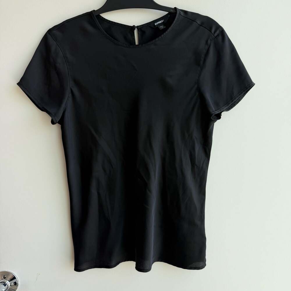 Express Black Satin Short Sleeve Keyhole Back Blouse Size S/P